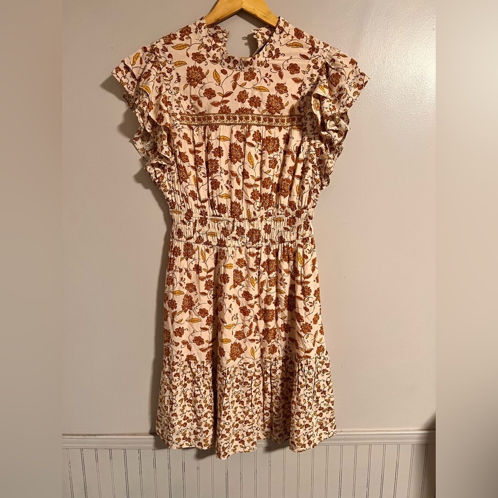 DR2 Cream and Brown Ruched Midi Sundress